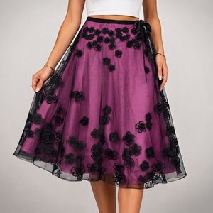 Midi Skirt Pink Lining Overlaid Sheer Black Tulle Floral Embroder Womens Size 10